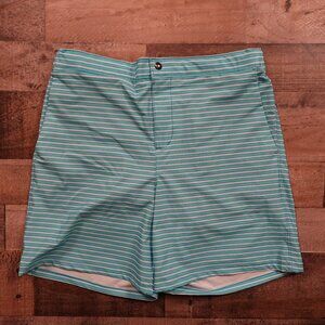 Lands’ End Hybrid Swim Shorts Men’s Medium 7” Teal Stripe Lined Quick-Dry